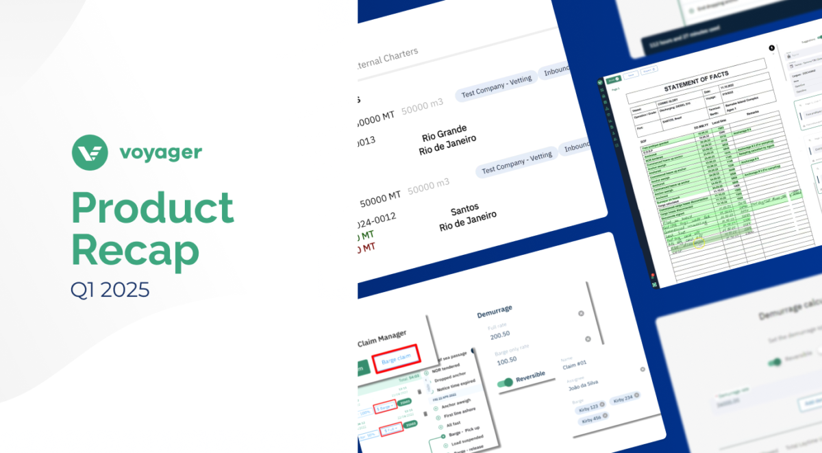 Cover image for Voyager’s Q1 2025 demurrage and voyage management updates, featuring screenshots of claim workflows, statement of facts, and cargo planning tools