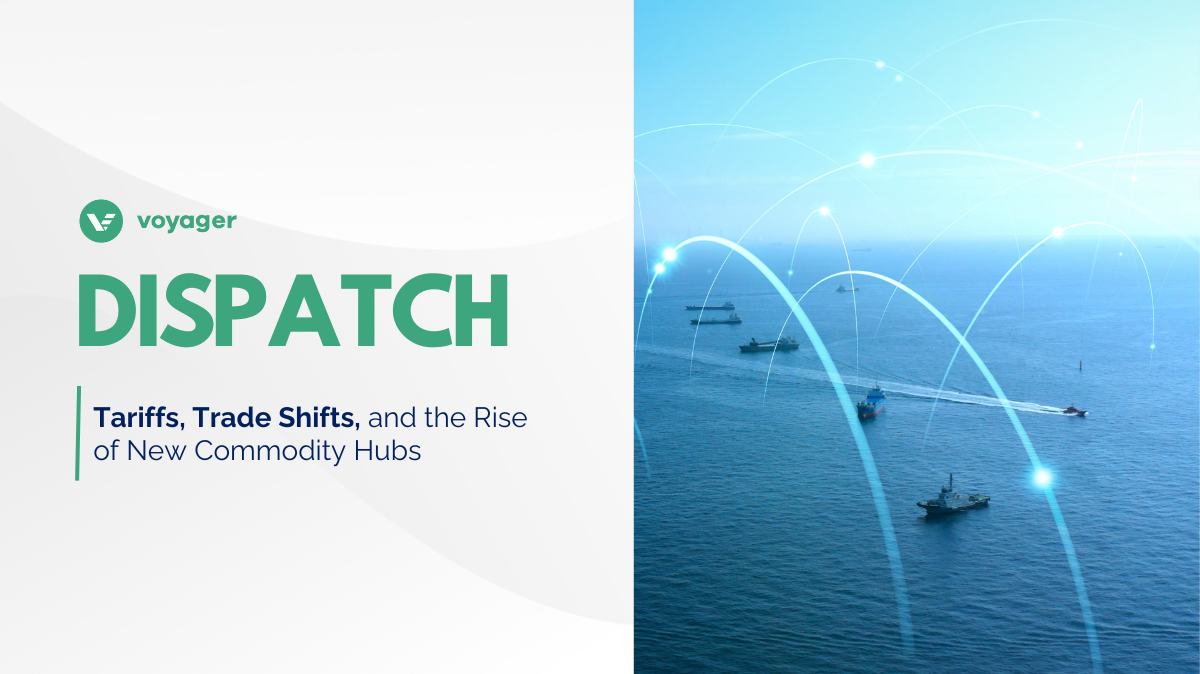 Cargo ships navigating global trade routes as new commodity hubs emerge, reflecting tariffs, trade shifts, and supply chain realignments for charterers.