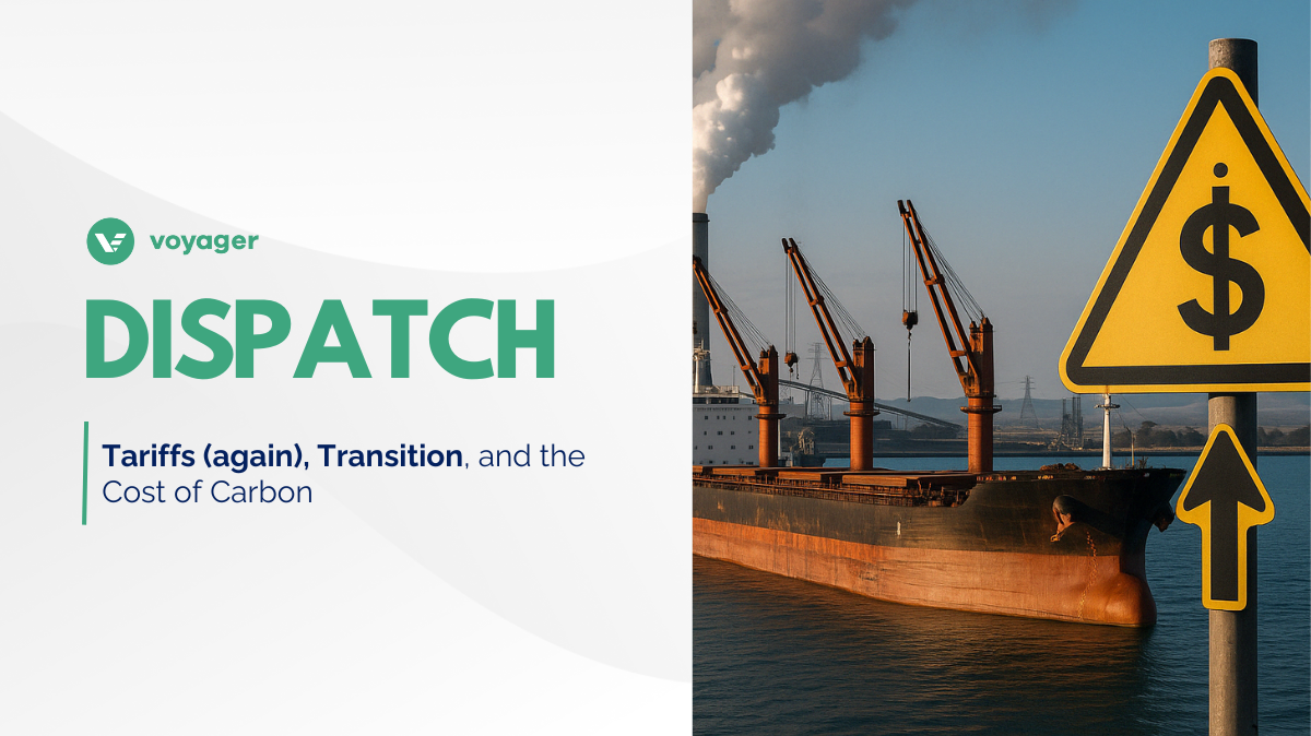 Bulk carrier docked under emissions plume with warning sign—visualizing global trade shifts for charterers amid carbon cost pressures