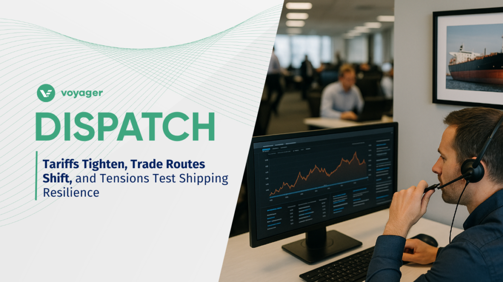 Voyager Dispatch cover image featuring a charterer analyzing shipping market data on a computer, with a bulk carrier photograph on the office wall in a busy corporate workspace.