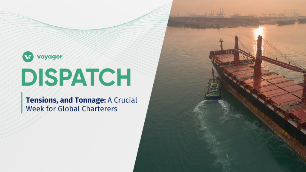 Aerial view of bulk carriers navigating a dry bulk port at sunset, reflecting global shipping disruptions 2025 and the volatility facing charterers this week.