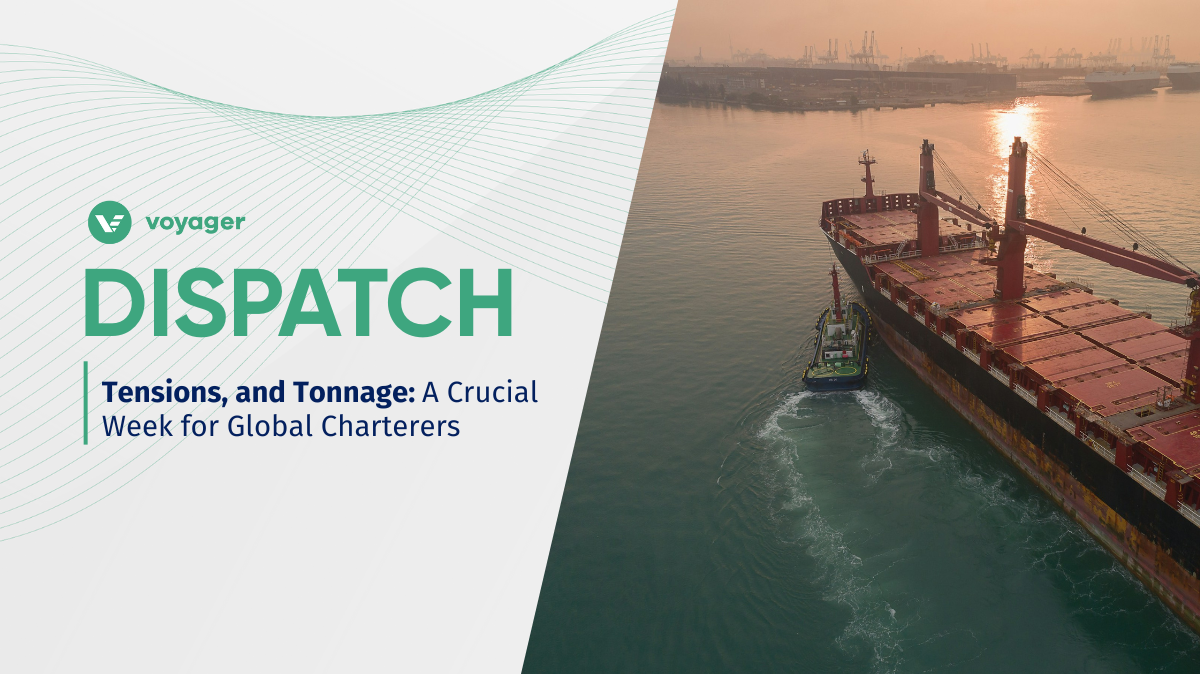 Aerial view of bulk carriers navigating a dry bulk port at sunset, reflecting global shipping disruptions 2025 and the volatility facing charterers this week.