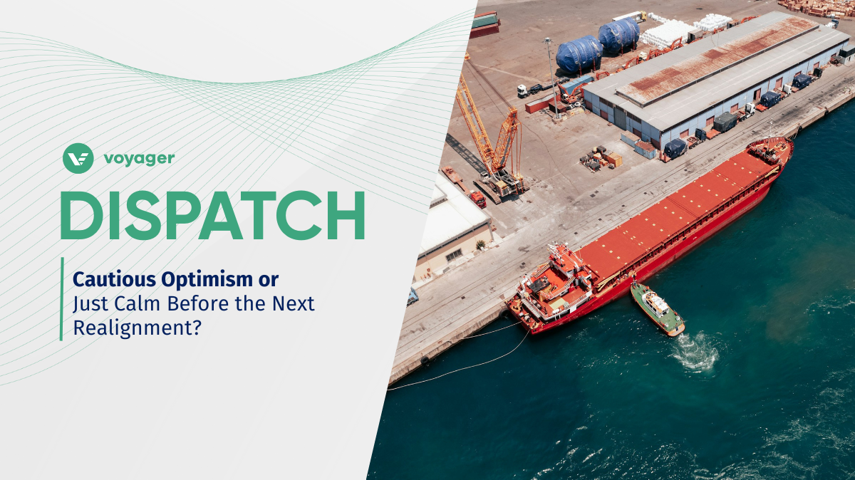 Aerial view of a bulk carrier docked at a commercial port, reflecting shifting freight patterns and global shipping disruptions in 2025.