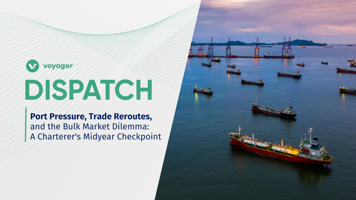 Anchored cargo vessels facing port congestion at dusk—illustrating freight market fragmentation and midyear planning challenges for charterers.