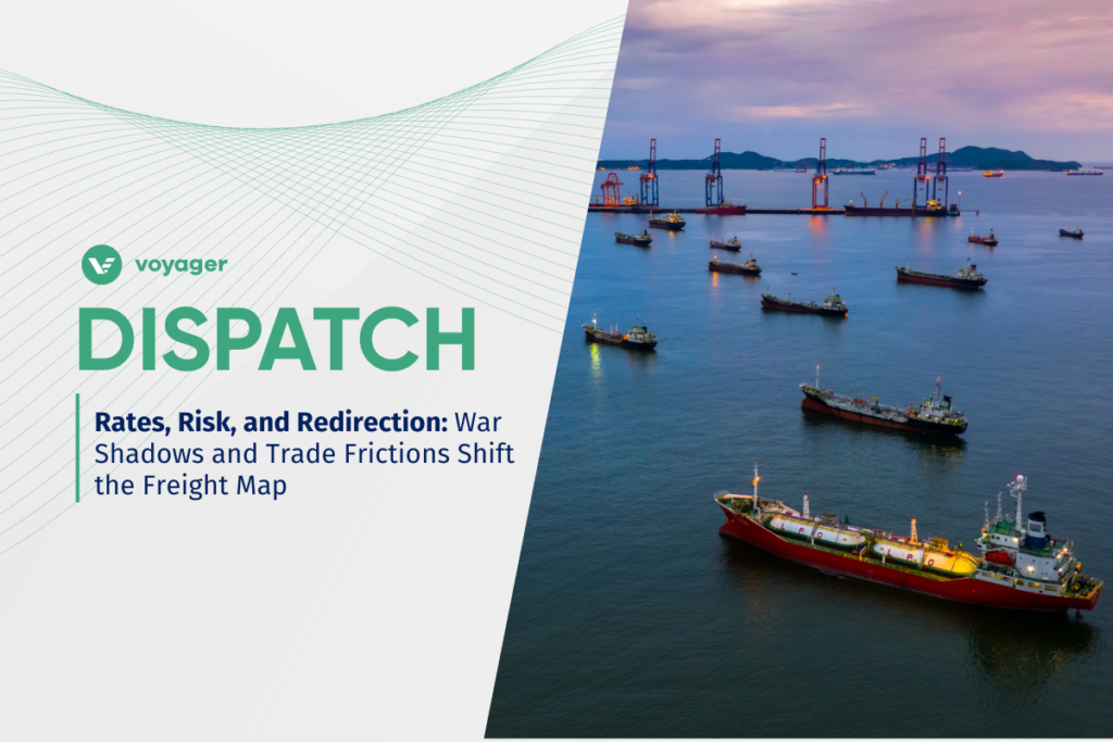 Tanker and cargo ships anchored near a container terminal at dusk, illustrating freight market volatility and shifting global trade patterns.