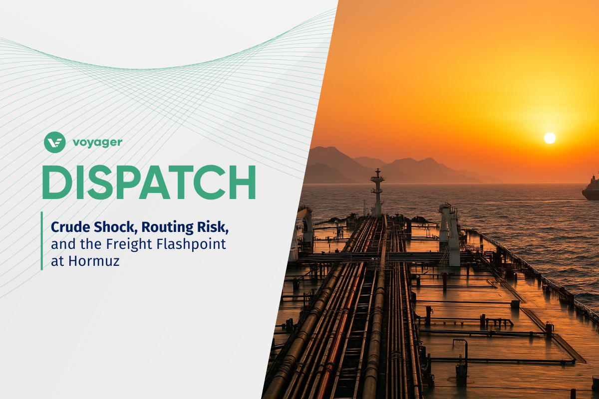 Oil tanker sailing through the Strait of Hormuz at sunset, representing rising freight risk and rerouting pressure after U.S. airstrikes in June 2025.