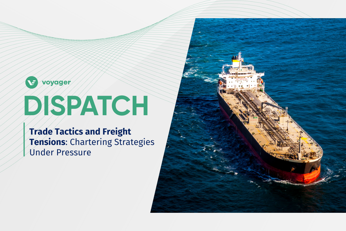 High-angle view of a product tanker sailing in open water, representing the mounting pressure on chartering strategies amid freight tensions and shifting trade policy.