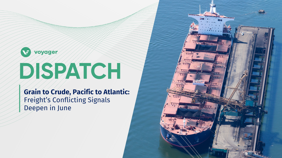 Aerial view of a bulk carrier docked at a grain terminal—illustrating freight market uncertainty across dry and wet cargo segments in June 2025.