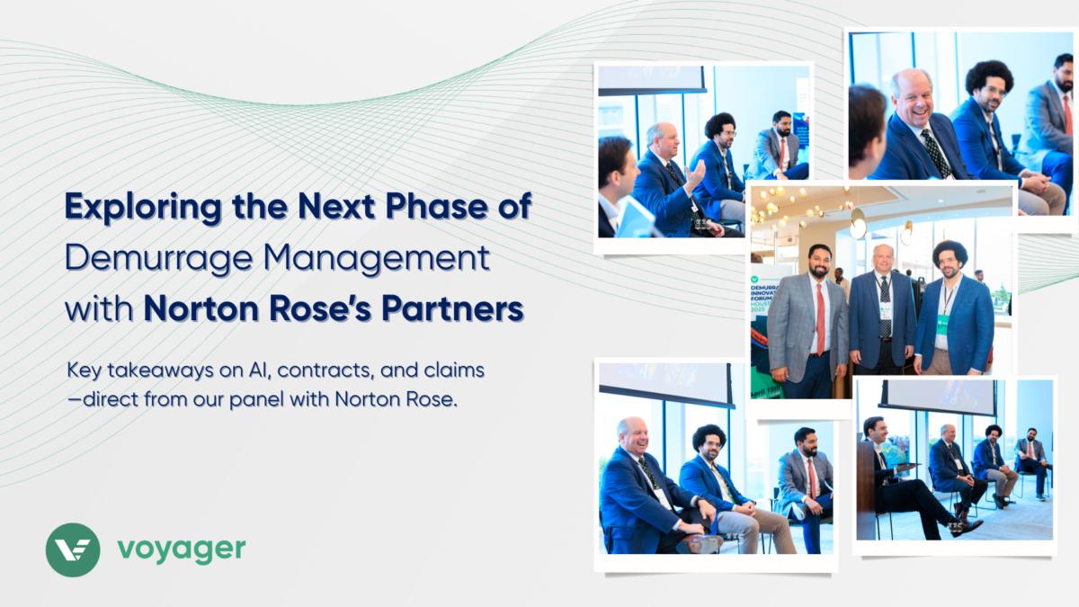 Voyager and Norton Rose Fulbright panelists discussing AI in demurrage management at the 2025 Demurrage Innovation Forum, with group photos and event highlights.
