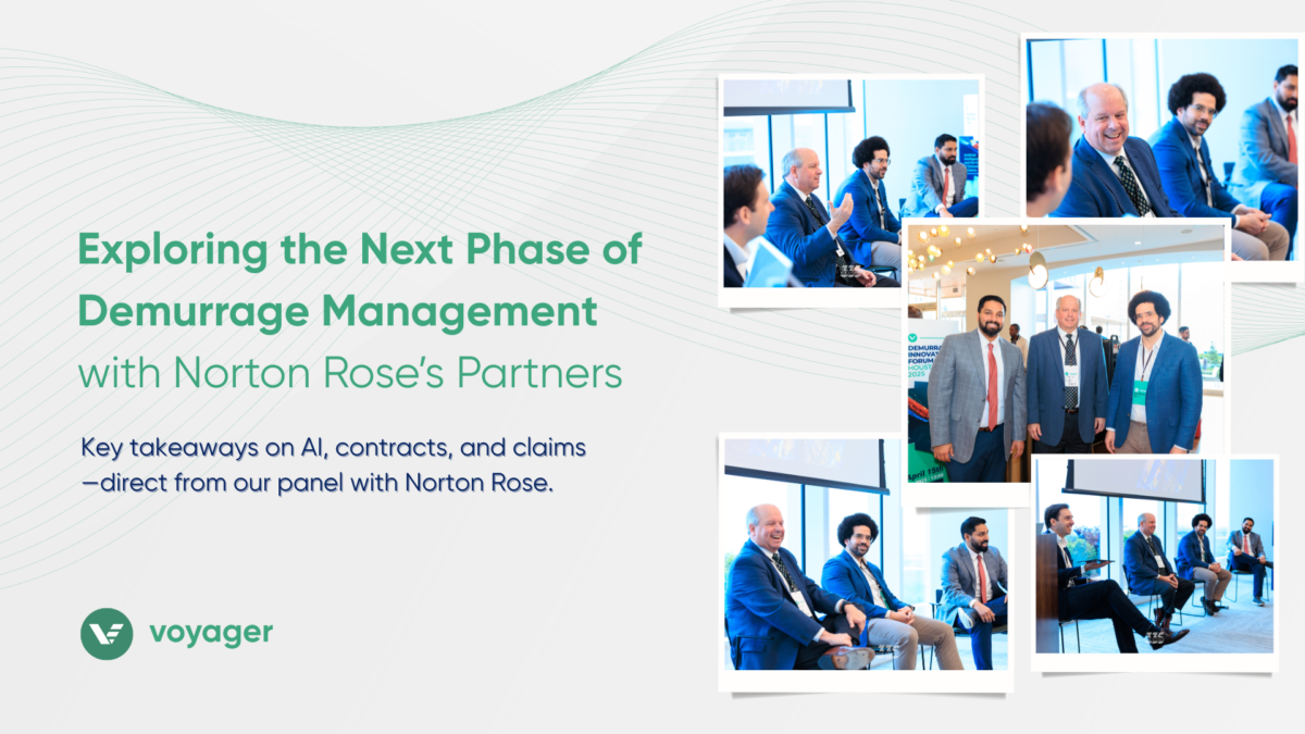 Voyager and Norton Rose Fulbright panelists discussing AI in demurrage management at the 2025 Demurrage Innovation Forum, with group photos and event highlights.