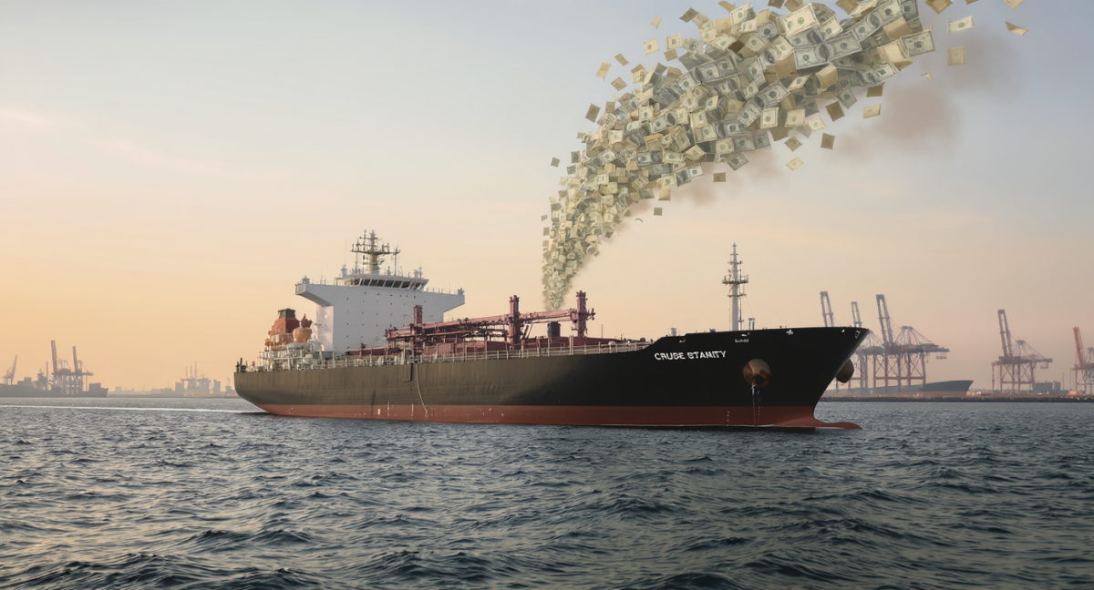 Bulk oil tanker at port emitting a plume of flying dollar bills, symbolizing the financial losses from manual paperwork in shipping and demurrage