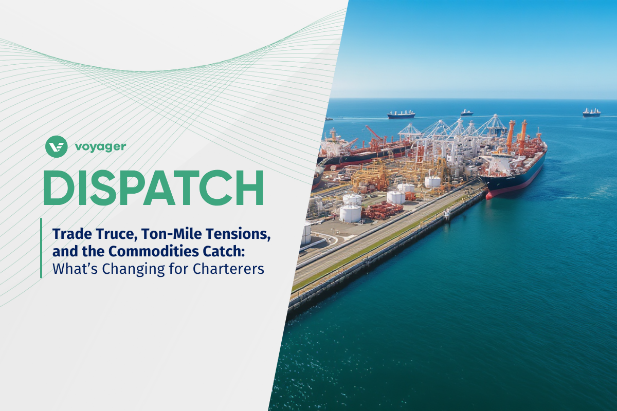 Cover image for The Voyager Dispatch edition titled "Emerging Flows, Enduring Risks," featuring oil and chemical tankers docked at a major export terminal—highlighting shifting trade routes and port exposure charterers must monitor.