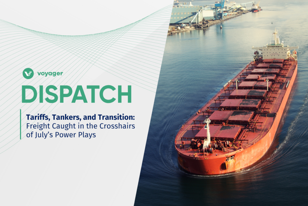 Bulk carrier entering port with shipyard in background — featured image for July 2025 charterer market outlook on tariffs, tankers, and emissions policy