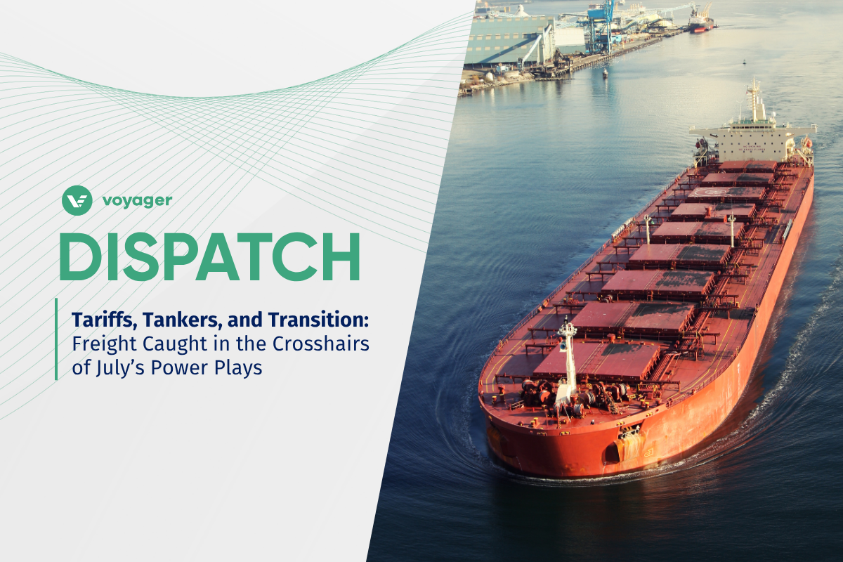 Bulk carrier entering port with shipyard in background — featured image for July 2025 charterer market outlook on tariffs, tankers, and emissions policy