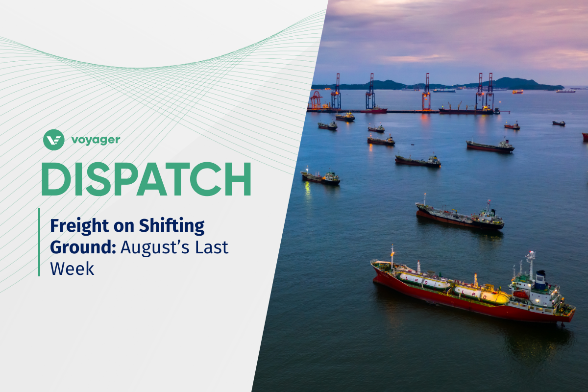 Bulk carriers anchored near port cranes at dusk, illustrating freight signals in August’s last week for charterers.