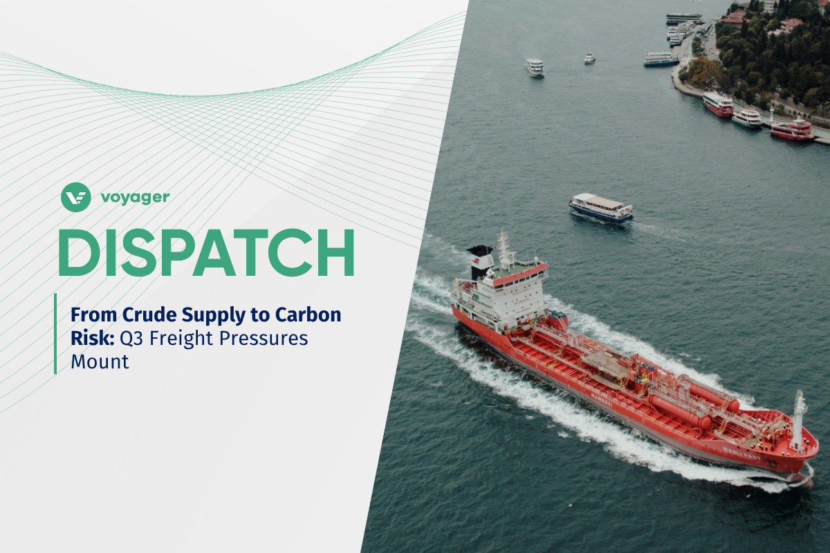 A chemical tanker underway near a congested coastal passage, illustrating Q3 freight volatility for charterers amid crude supply shifts and rising carbon costs.