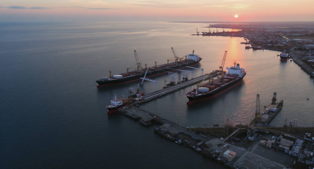 Aerial view of crude oil tankers docked at a petroleum port during sunset, illustrating clause risks in bulk shipping and demurrage exposure for charterers.