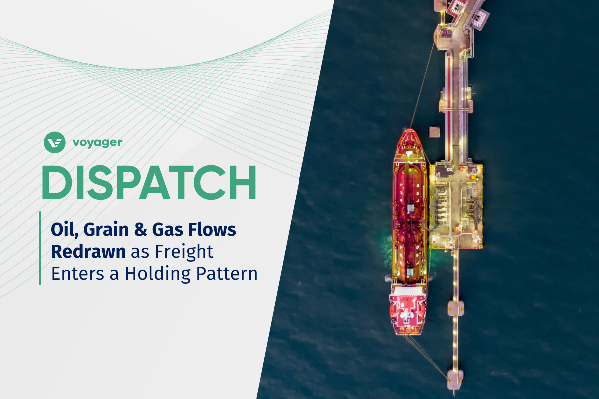 Aerial view of a red oil tanker docked at a terminal, symbolizing shifting freight flows and rising exposure in global trade as Q4 approaches.