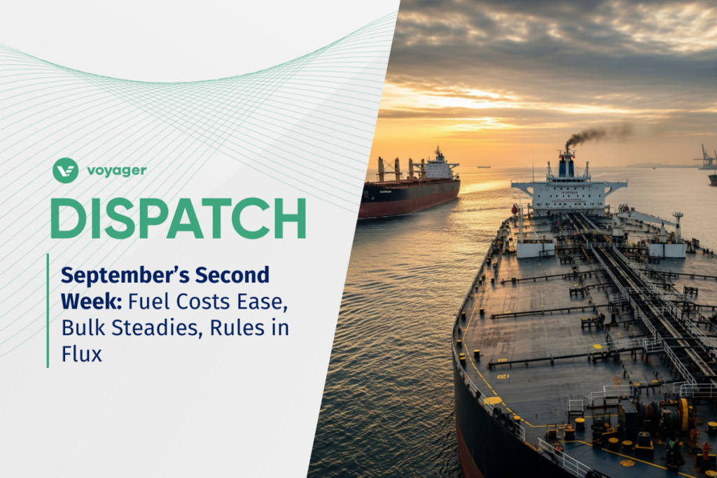 Bulk carrier and oil tanker at sunset in port, illustrating September freight signals for charterers: fuel costs ease, bulk steadies, and rules shift.