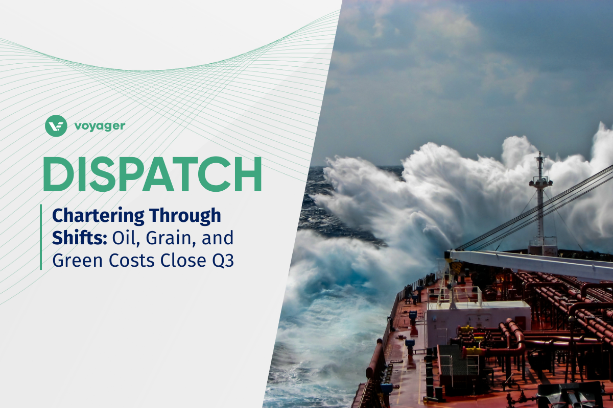 Tanker vessel navigating heavy seas, symbolizing chartering shifts in oil, grain, and emissions costs at the close of Q3.