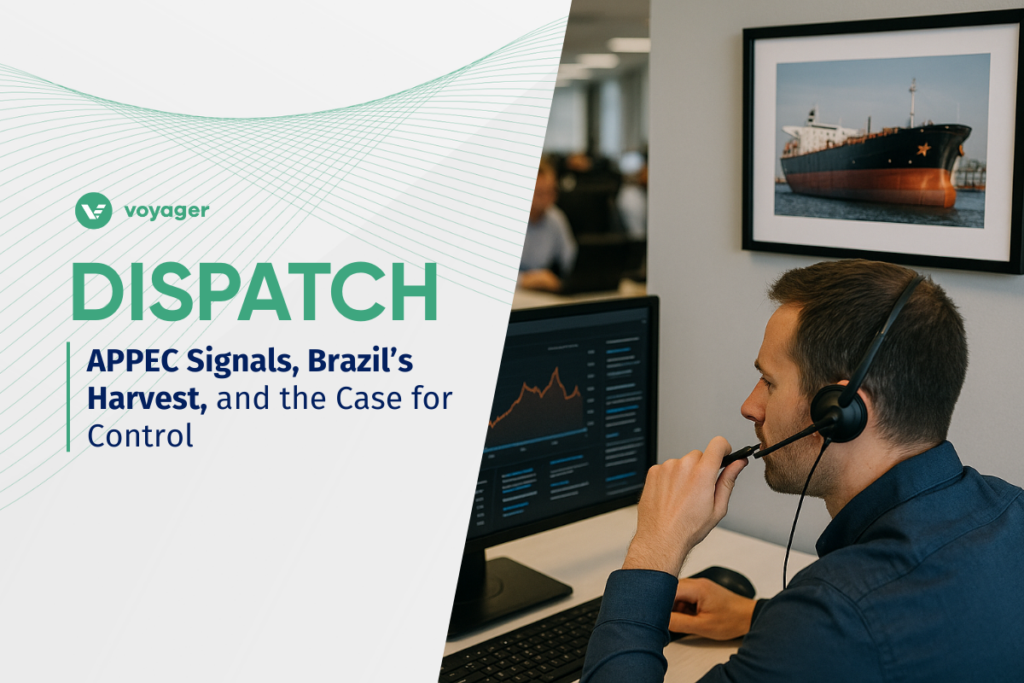 Chartering professional at desk analyzing freight market data, with a photo of a tanker vessel on the wall — representing APPEC signals and Brazil’s harvest impact on chartering control.