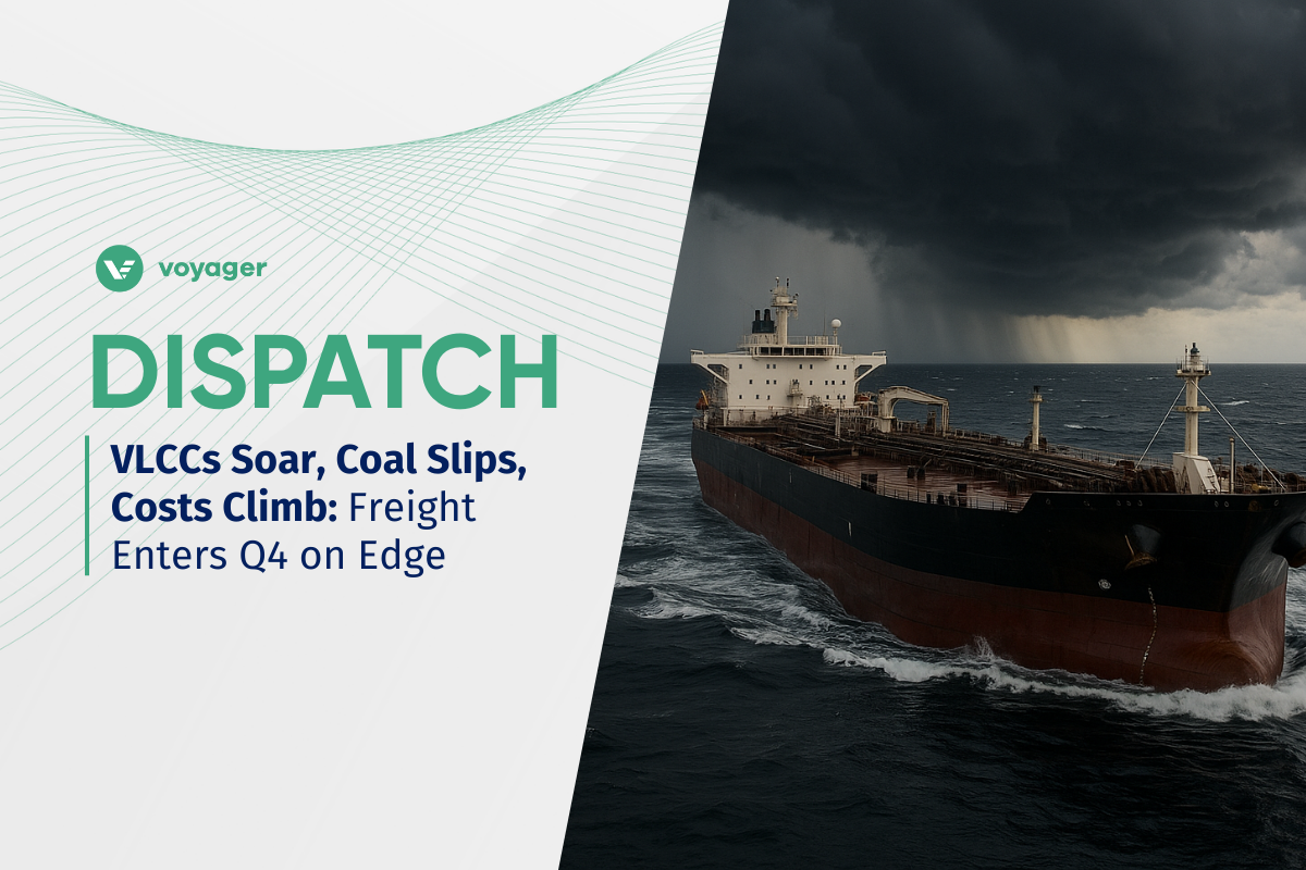 Crude oil tanker sailing into stormy seas, symbolizing Q4 freight pressures for charterers — Voyager Dispatch cover