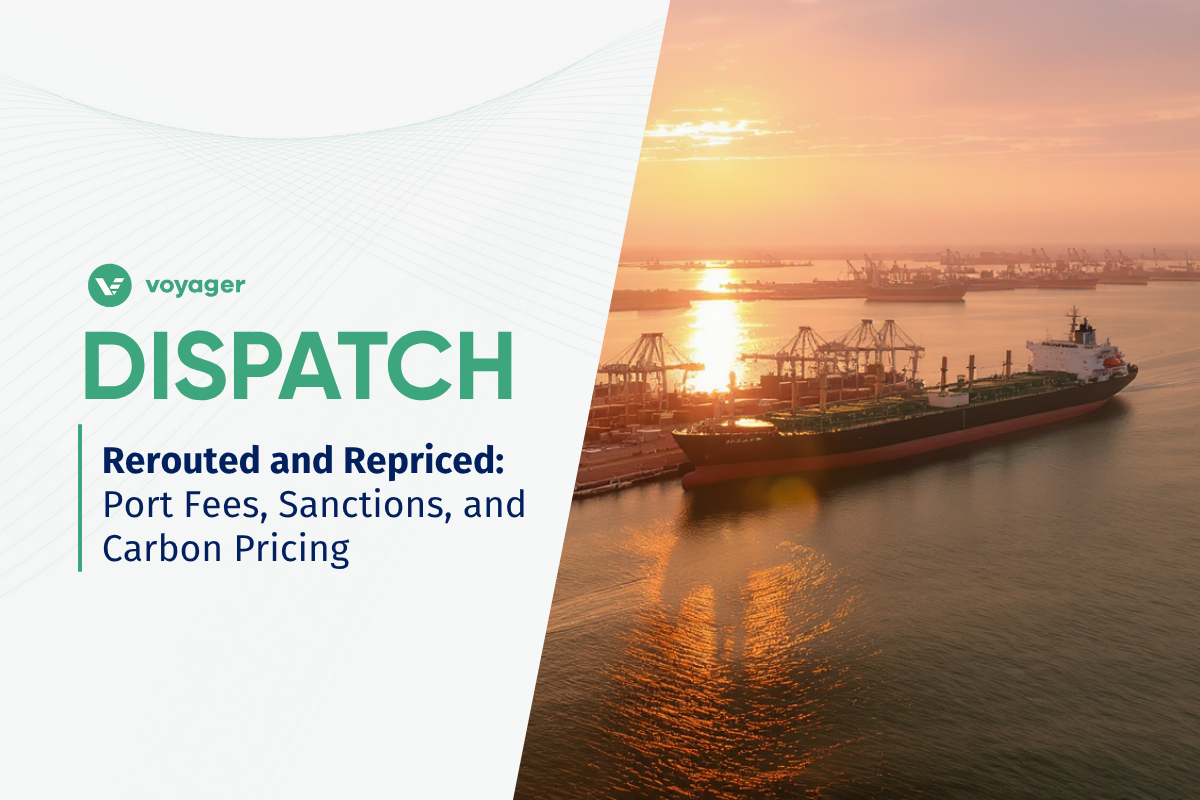 A large oil tanker docked at a busy port during sunset, symbolizing shifting global trade routes affected by new port fees, sanctions, and carbon pricing pressures in the chartering market.