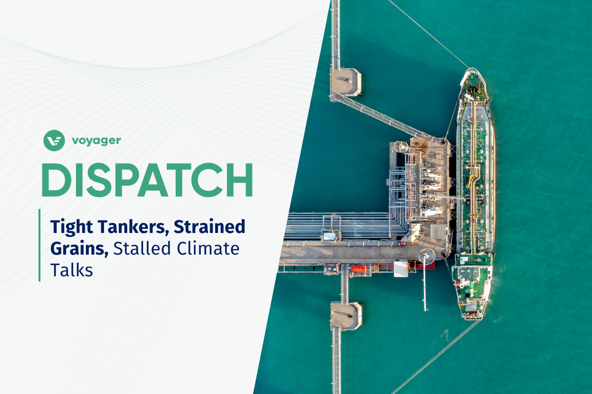 Aerial view of an oil tanker loading at a marine terminal, illustrating global freight market disruptions for charterers amid tight tanker supply, strained grain flows, and stalled climate talks.