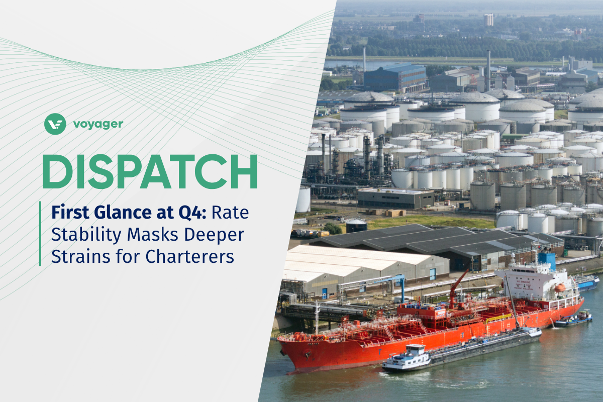 A red chemical tanker docked at a bulk liquid terminal, illustrating freight rate stability amid operational complexity at the start of Q4 for charterers.