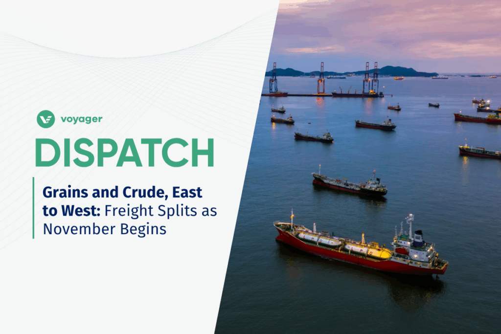 Bulk carriers and tankers anchored off an Asian port at dusk, symbolizing the east‑west flow of grains and crude as freight markets split at the start of November 2025.