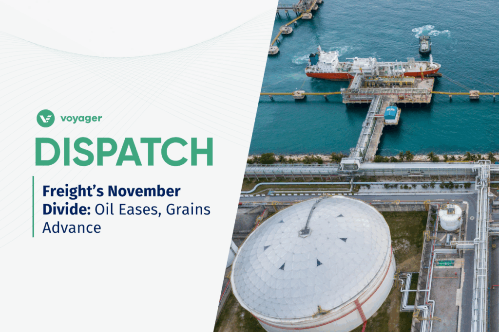 Aerial view of an oil tanker loading at a marine terminal beside storage tanks, illustrating freight’s November divide as crude flows soften and grain trade strengthens across global routes.