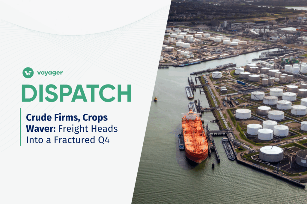 Aerial view of an oil tanker at a major port terminal, illustrating regional divergence in bunker demand and crude flows as Q4 freight markets fracture.