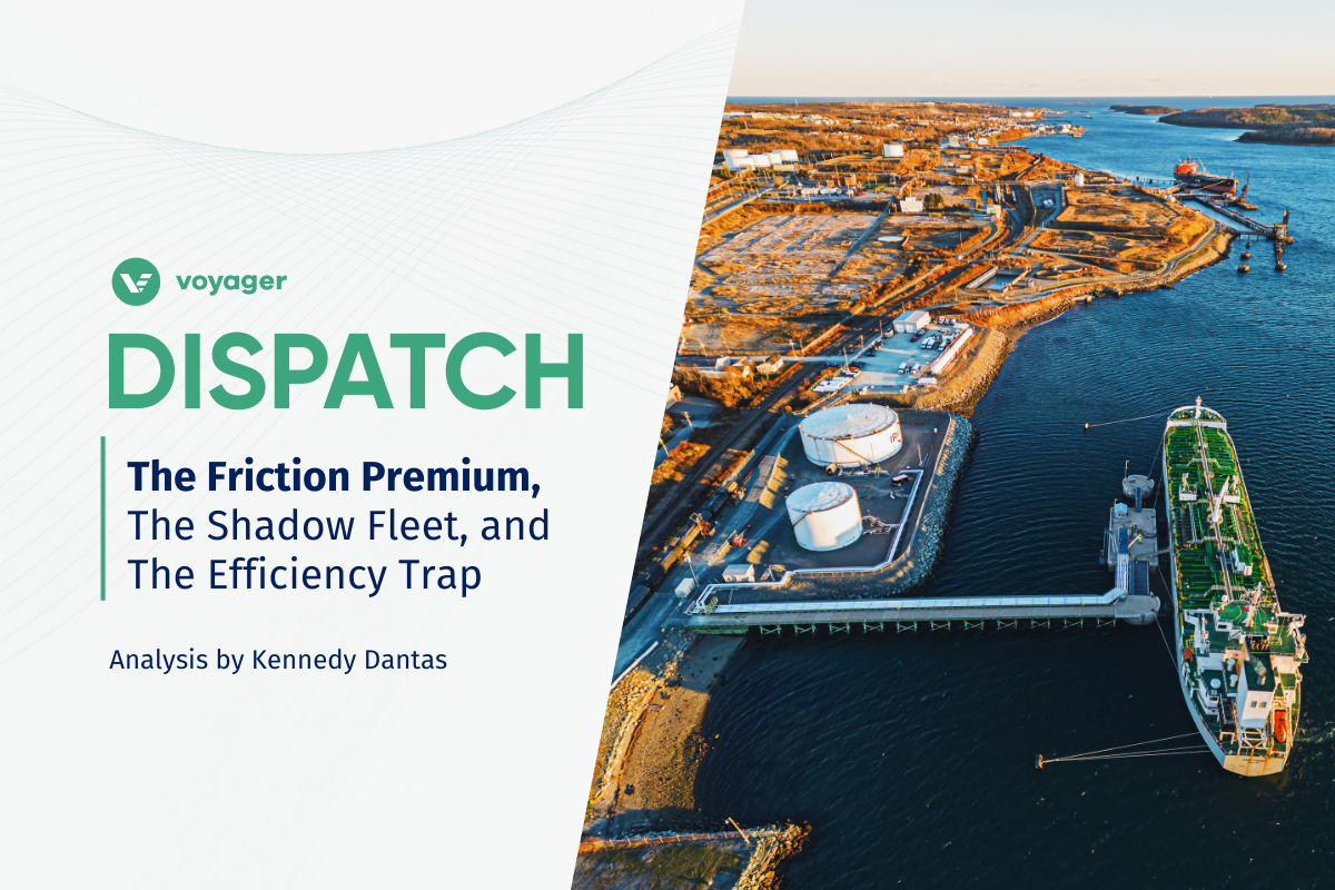 Aerial view of an oil terminal and tankers, illustrating the shadow fleet impact on global freight logistics.